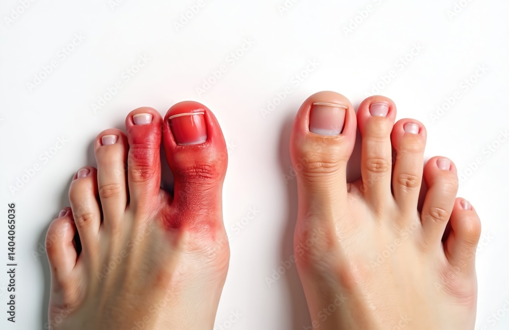 Image shows comparison healthy foot and foot with gout. Inflamed, red ...