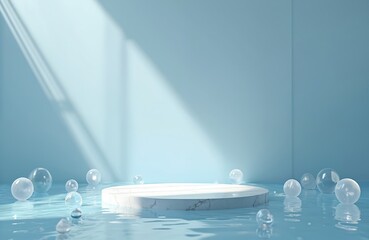 Aufkleber - Empty marble stage blue room with water, glass bubbles. Rendered background for product promotion. Sunlight, shadows, blank geometric podium. For luxury cosmetic, jewelry, fashion product display.