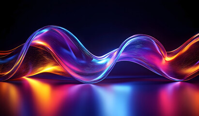 Wall Mural - 3d abstract liquid glass ribbon wave line with neon light on dark background. fluid flow curve shape
