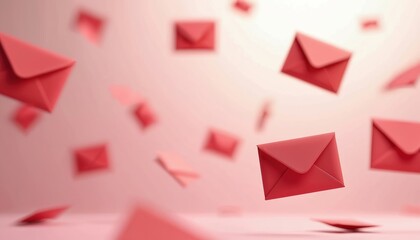 Poster - Red envelopes float against soft pink background. Symbolic communication, mail delivery, concept. Envelopes flying in air, digital mail, message, correspondence. Modern design for marketing,