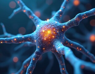 Poster - Detailed illustration of neuron, intricate structure, glowing neural connections. Neural pathways, nerve cells, brain function visualized, biological processes, scientific research.