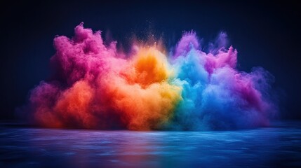 Colorful powder explosion on dark reflective floor