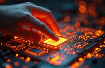 Leinwandbilder - Human hand delicately touches glowing CPU chip on motherboard. Digital connection symbolizes intersection of human, tech in this captivating photo. Image shows computing, artificial intelligence.