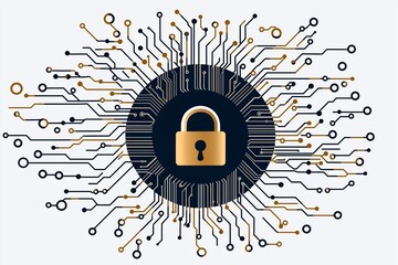Fototapete - Golden circuit network with digital padlock at center, representing encrypted security access, cybersecurity, and high-tech data protection, Generative AI