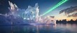 © Bassmallah - A large icy structure stands in a body of water, with a green light beam emanating from it towards the sky at dusk.