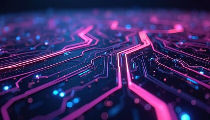 Fototapete - Abstract illustration of glowing lines forming circuit board pattern. Purple blue neon lights on black background. High tech digital technology design, network connection.