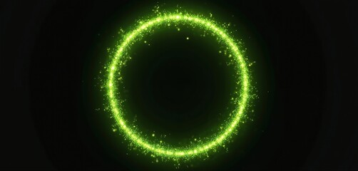 Poster - Green glowing ring on black backdrop. Abstract particle circle frame. Futuristic sci-fi concept. Digital tech design. Glowing particles creating magic effect. Ideal for modern design projects.
