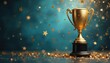 © miss irine - Golden trophy with stars on blue background. Celebration, winner, achievement, victory, success concept. Gold glitter confetti stars on award pedestal. Competition prize for champions, best result.