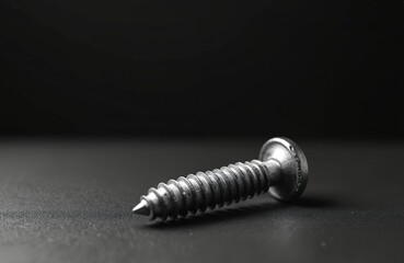 Aufkleber - Close-up shot of metal screw. Threaded bolt against dark surface. Industrial hardware, fasteners, construction, engineering details. Macro photo on black background, shiny steel screw head.