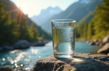 Aufkleber - Glass clear water against mountains background on summer day. Fresh drink, rest, travel, vacation concepts. Healthy eco-friendly lifestyle, adventure, tour tourism, holidays, wellness.