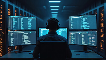 Leinwandbilder - Man works in server room at night. Monitors display code. Data center engineer with headset, computer screens. Concept of data processing, system administration, cyber security and AI.