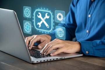 digital technician: a man types on a laptop, surrounded by blue icons representing digital tools and