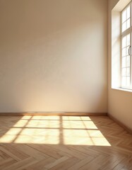 Aufkleber - Empty room with wooden floor, sunlight from window. Interior space with beige walls, hardwood parquet floor. Bright light casts shadows, showcasing minimalist home decor, product placement.