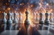 © joeycheung - A single white chess piece stands illuminated amidst sparks, leading a line of others.  It represents leadership, strategy, and victory in a dramatic, competitive setting.