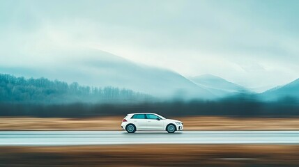 white car driving on road with mountain background scenic drive vehicle transportation automotive tr