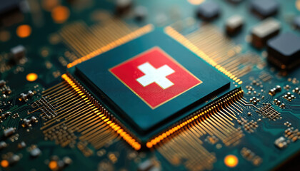 Leinwandbilder - Swiss flag on processor, CPU or microchip on motherboard. Concept for global microchips production competition. Digital tech, advanced engineering, innovative electronics, future of AI.