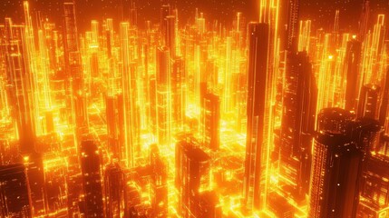 Wall Mural - a futuristic city of glowing orange skyscrapers.