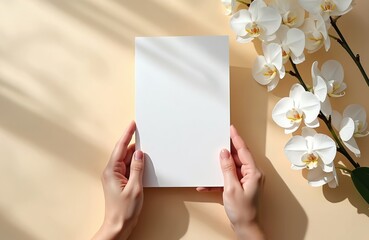 Aufkleber - Hands hold blank white A5 paper. Beige background with shadows and orchid flowers create minimal eco design. Suitable for mockup, invitation, presentation or business card. Feminine aesthetic.