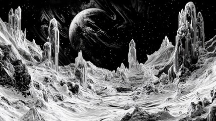 Wall Mural - A grayscale depiction of an alien landscape under a starlit night sky.