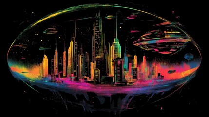 Wall Mural - A vibrant, futuristic city floats in space, surrounded by colorful cosmic objects.
