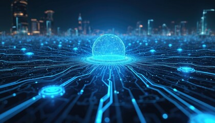 Poster - Abstract future technology concept with glowing digital sphere, circuit board, city skyline. Data transfer, artificial intelligence, global network, innovative tech, business solutions.