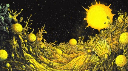 Wall Mural - A vibrant, otherworldly landscape bathed in the golden light of a celestial sun.