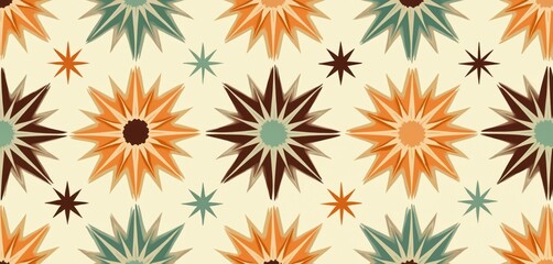 Poster - Illustration 1950s atomic retro patterns. Seamless geometric design in vintage style. Mid-century modern repeating print, wallpaper, textile background, in brown, orange, green, beige colors.