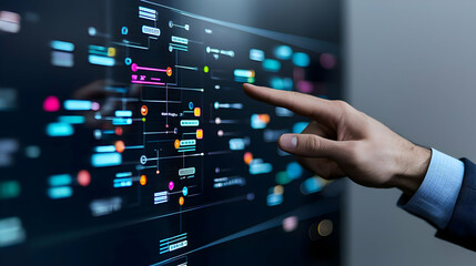 Hand Touching Digital Screen Displaying Complex Data Network Visualization with Blue and Colorful Lights