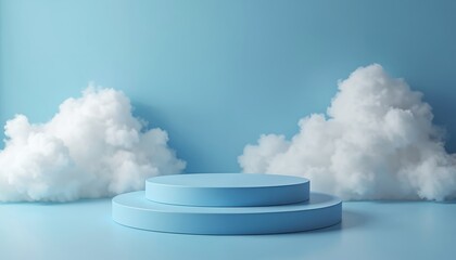 Poster - Abstract product display on blue podium, white cloud background. Empty stage mockup for product presentation. Minimalist design, modern display concept, studio scene. Soft pastel colors.