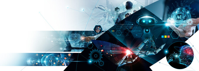 Poster - AI, Machine learning, AI Chat, Visionary businessman use the brain of AI to create strategy and plan business in the digital technology era. Business analysis, Science and technology of deep learning