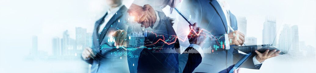Leinwandbilder - Business analyzing and calculating financial data for long term investment growth goals and company finance balance, Business strategy and planning of target. customer connection, Economic analysis.
