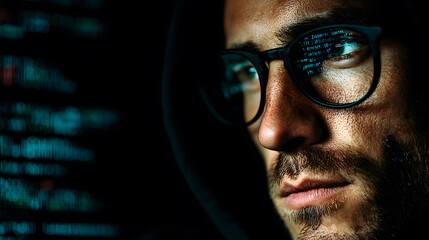 A focused hacker with glasses is engrossed in the computer code displayed on a screen.