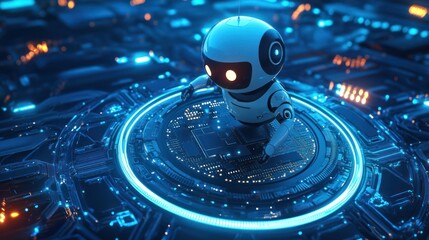 Future world with a robot navigating a complex circuit, futuristic AI concept