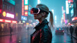 © Ruslan - futuristic cityscape with neon signs and flying vehicles,  blonde woman with futuristic haircut and futuristic VR glasses with neon glow in a futuristic fashion  glossy coat standing on the street ill
