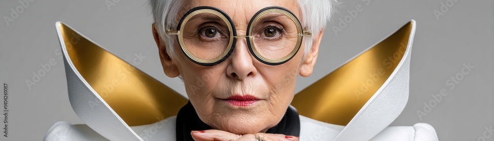 A stylish older woman with short white hair and large round glasses ...