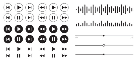 set of black and white media control icons vector with transparent png background, multimedia interf