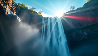 Wall Mural - sun is shining over a waterfall