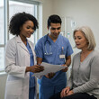 © homydesign - Caring medical professionals discuss paperwork with a mature female patient