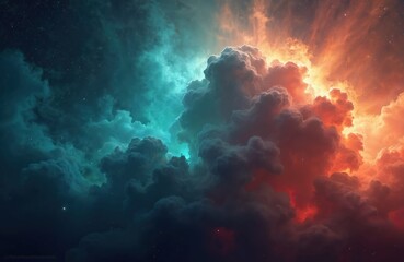 Aufkleber - AI-generated illustration presents abstract outer space colorful clouds background. Dramatic blue, red clouds with glowing light. Starry night sky nebula, deep space scene, galaxy. Cosmic art,
