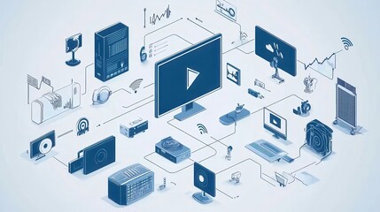 Network of Multimedia Devices and Technology Icons Representing Digital Connectivity and Automation