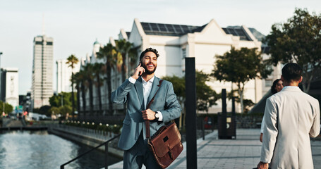 Aufkleber - Business, man and happy with phone call in city for corporate feedback, negotiation and networking. Briefcase, professional and talking to contact on morning commute for job opportunity or connection
