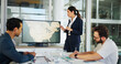 © peopleimages.com - Business woman, screen or discussion with map for renewable energy or development at office. Female person, employee or speaker with geographic or technology display for global project implementation