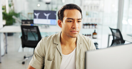 Poster - Serious, engineer and man with computer, office and plan for windmill design, online and renewable energy. Business, designer and person with tech for wind turbine, economic benefits and eco friendly