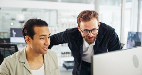 Aufkleber - Meeting, sustainability and business men on computer in office for project, eco friendly design and power. Discussion, teamwork and workers on pc for wind turbine, electricity and renewable energy