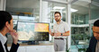 © peopleimages.com - Businessman, screen or meeting with discussion for climate change, renewable energy or development at office. Man, employee or speaker with geographic data or technology display for global project