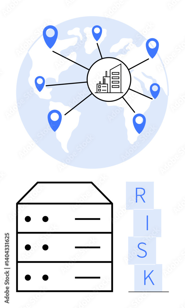 Location Sharing Risks Connected global locations linked to a central system, server stack ...