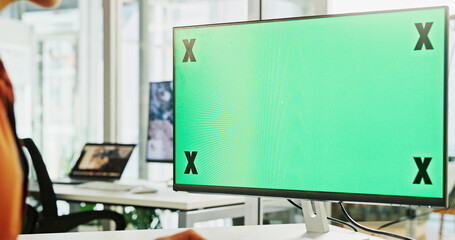Aufkleber - Computer, green screen and business with mockup space for marketing, advertising or branding at office. Closeup, monitor or technology display with tracking markers for UI, UX or design at workplace