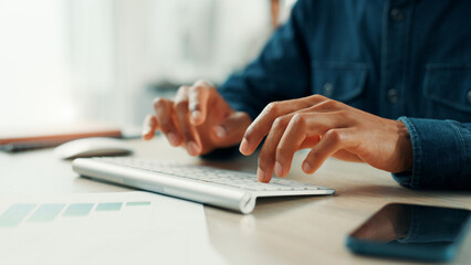 Leinwandbilder - Typing, keyboard and research with hands of person in office for sales projection, investor revenue and planning. Customer data, graph and computer with closeup of employee for forecast report