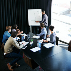 Poster - Man, presentation and employees in office for meeting, business planning and white board demonstration. Presenter, company and goals or idea with strategy, collaboration with professional for project