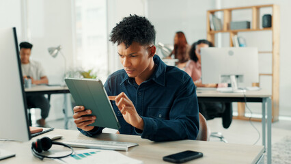 Fototapete - Business, serious and man in office, tablet and call center with online reading, help desk and connection. Person, telemarketing and advisor in workplace, tech and digital app with network and crm